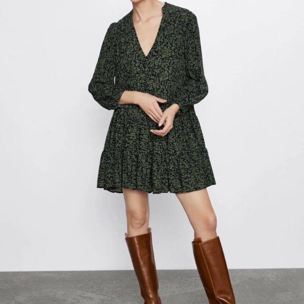 Women’s Zara Green Print CLARIS DRESS Button down‎ Size small S